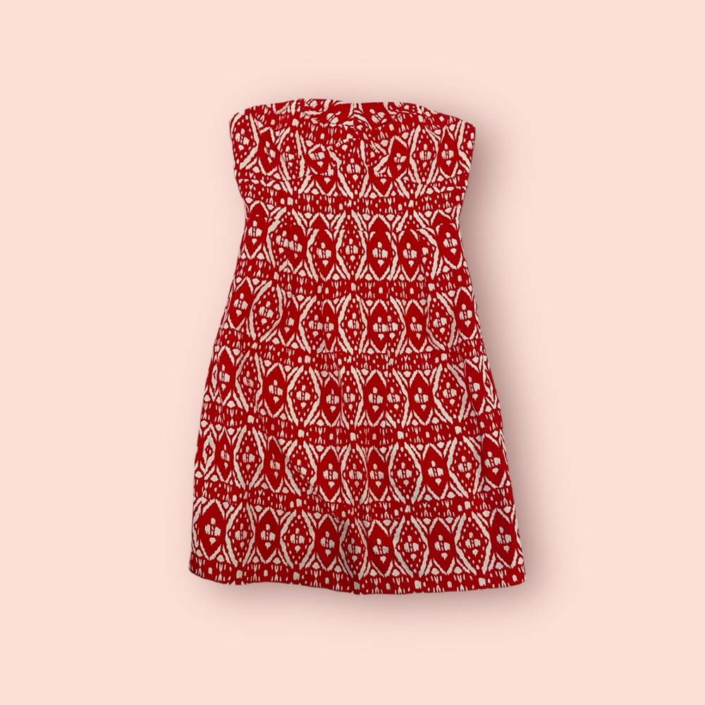 J crew factory red white ikate strapless dress